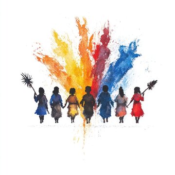 Diverse People Celebrating International Day of the World's Indigenous Peoples in Colorful Watercolor Painting