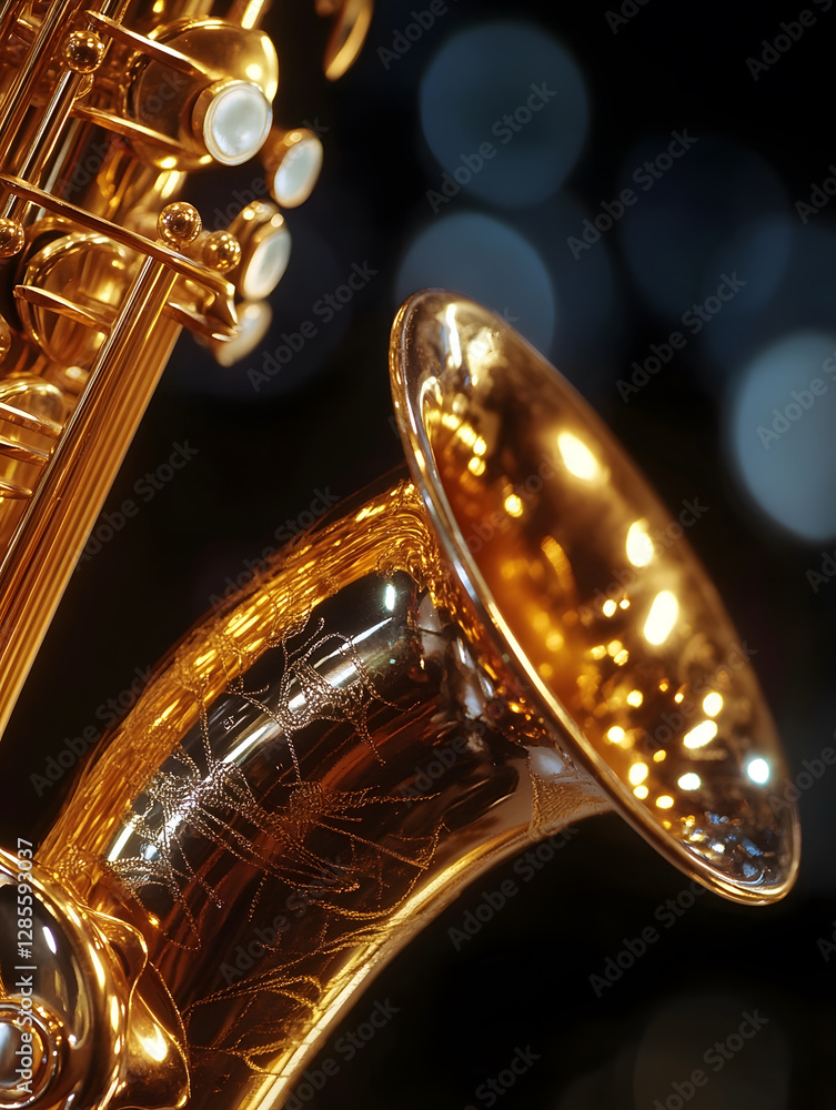 Poster shiny golden saxophone with intricate details and bokeh background : generative ai