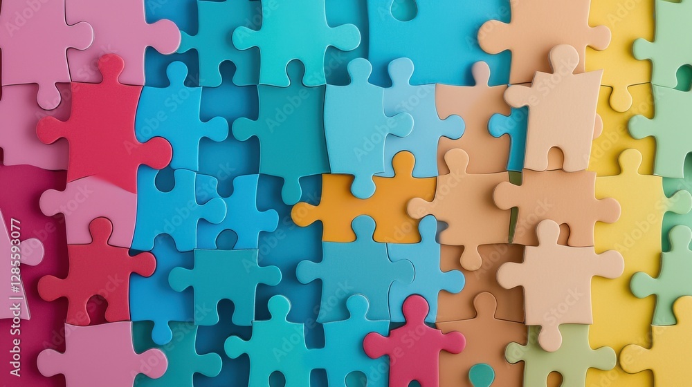 Poster vibrant pastel colored jigsaw puzzle pieces arranged in an abstract geometric pattern concept of cre