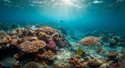 Obraz premium Underwater ecosystem impacted by plastic waste, marine life faces pollution