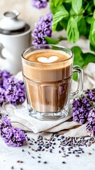 Cozy Coffee Cup with Heart Design Surrounded by Lavender Flowers and Green Leaves on a Light Background