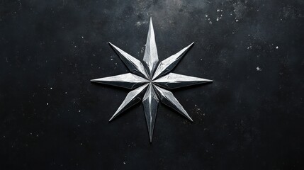 Starry Guidance: A striking silver star, meticulously crafted with eight elegant points, boldly set against a textured, charcoal-hued backdrop that hints at the vastness of the cosmos.