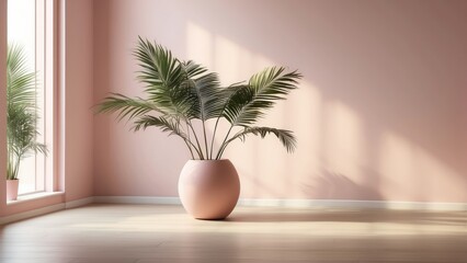 Fototapeta premium 3d rendering of a plant in a vase on a table in front of, soft neon atmosphere