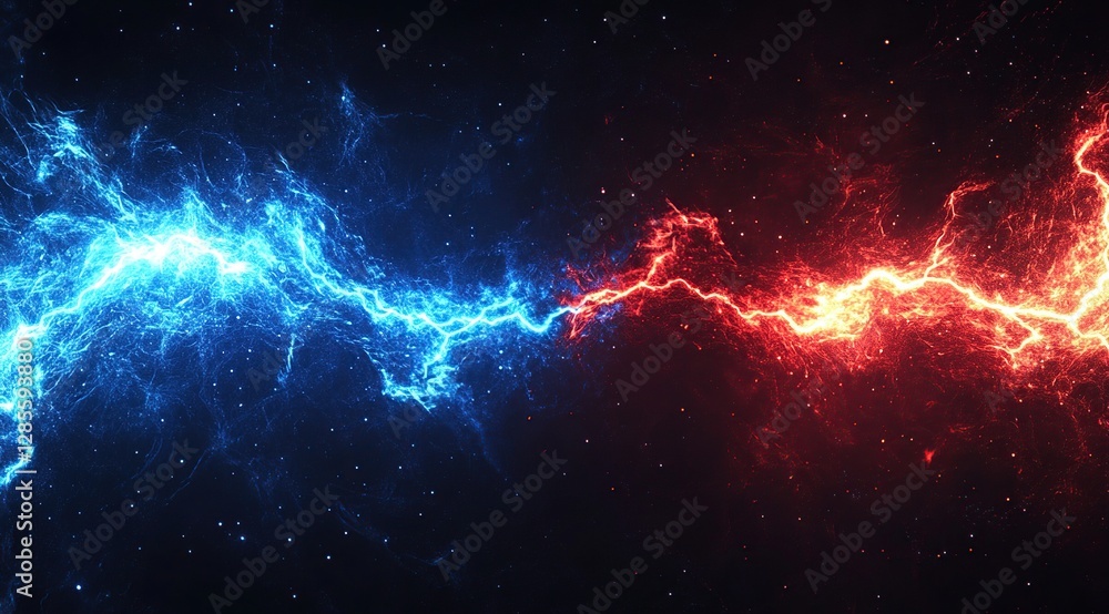 Poster clashing elements: blue and red energy collide in a fiery digital showdown, creating a stunning visu