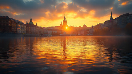 Naklejka premium Prague Sunrise River Cityscape