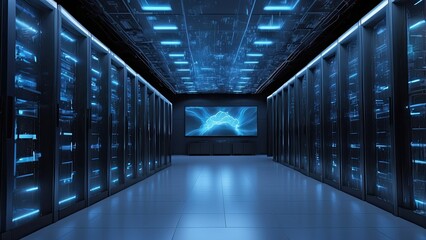 A modern server room filled with racks of networking equipment illuminated by blue LED lights