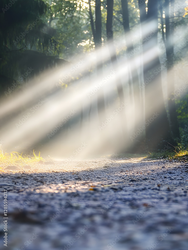 Poster Scenic Forest Path with Sunlight Streaming Through Trees and Morning Mist : Generative AI