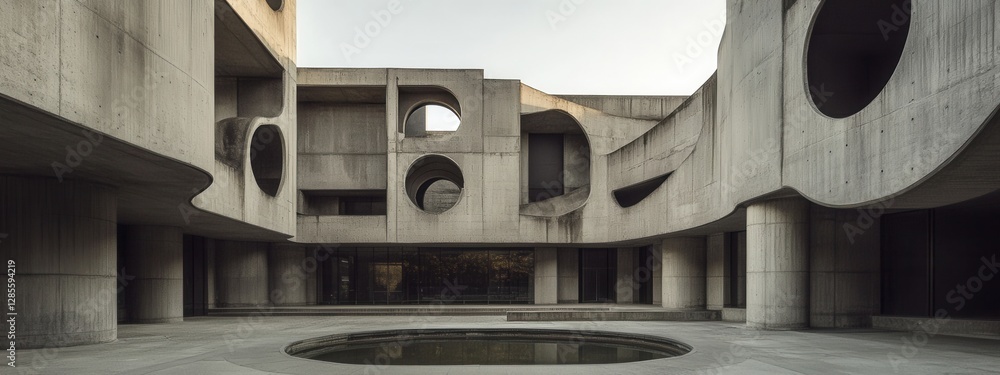 Poster modern concrete architecture with circular cutouts and reflections in tranquil courtyard