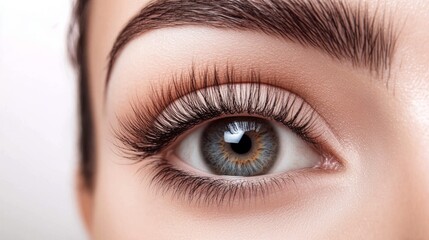 Obraz premium Close-up of a woman's eye with long lashes, soft light, blurred background, conveying quiet introspection. 