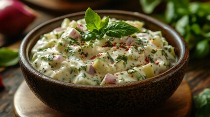 Indian raita with cucumber, herbs and spices in a wooden bowl