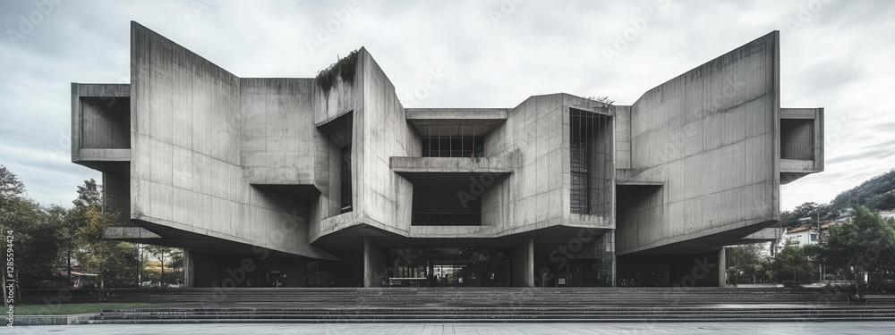 Poster modern architectural marvel with geometric design and concrete structure against a cloudy sky