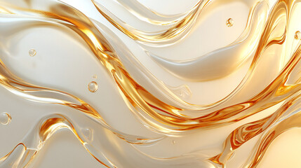 Flowing golden liquid isolated on a white background, closeup view. An abstract design with golden spheres and waves Fluid.