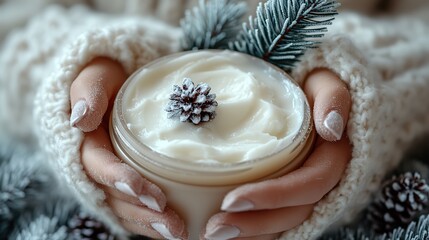 Girl's hands in a white sweater applying cream from a jar with frosty fir branches and snowflakes on a pastel beige background for winter skin care.