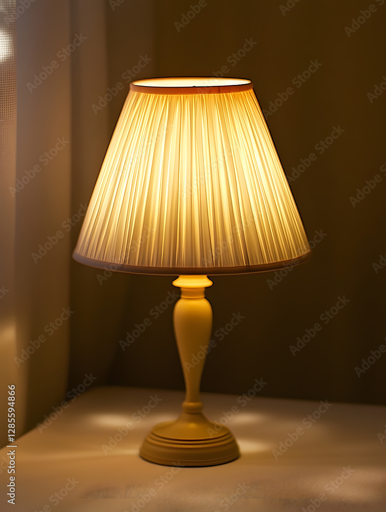 Aufkleber cozy bedroom with elegant table lamp casting warm light in evening : generative ai