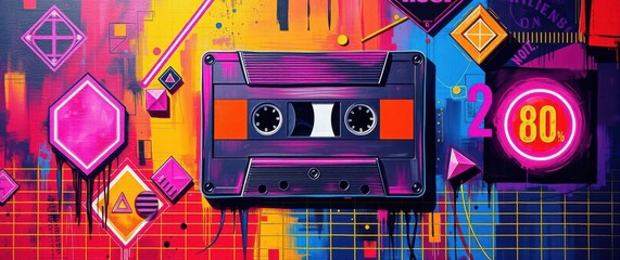 Fototapeta premium Vibrant retro artwork featuring a cassette tape and neon geometric shapes, reminiscent of the 1980s aesthetic.