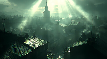 Victorian Cityscape, Foggy Sunrise