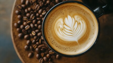 Freshly brewed cup of coffee with latte art surrounded by coffee beans, emphasizing cozy and aromatic coffee culture