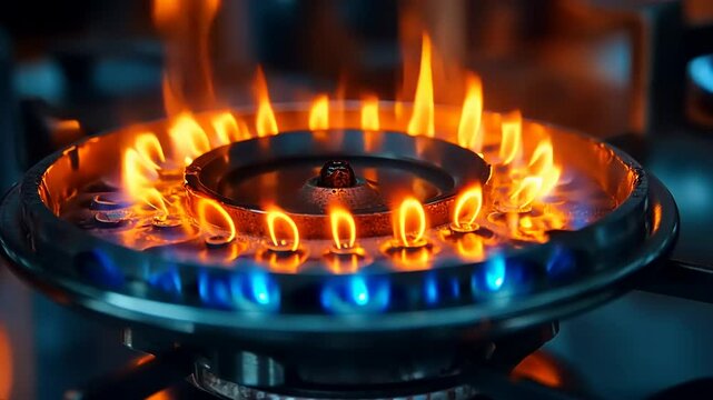 A close-up view of a gas stove burner igniting with vibrant flames in a modern kitchen setting
