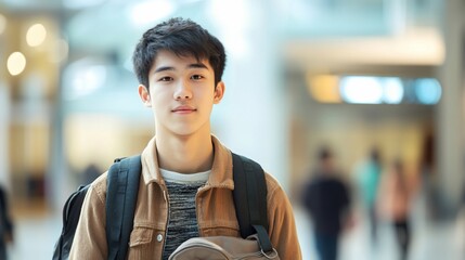 Confident Asian young man with backpack, looking at camera in a modern building.