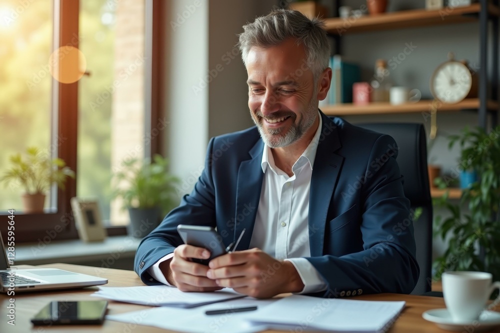 Poster man is smiling while looking at his cell phone