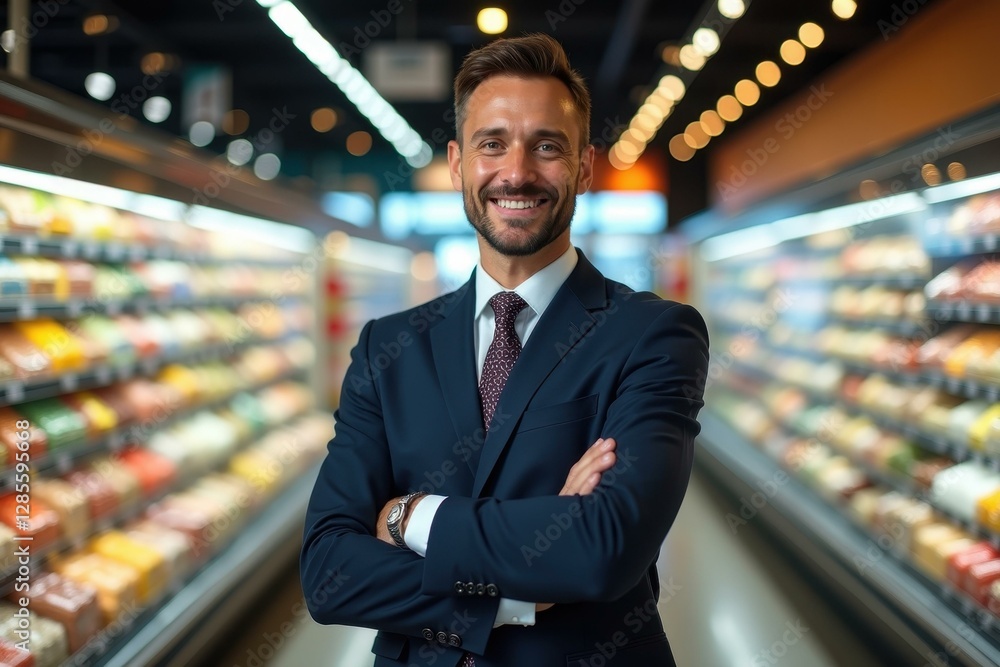 Aufkleber man is smiling while standing in front of produce aisle