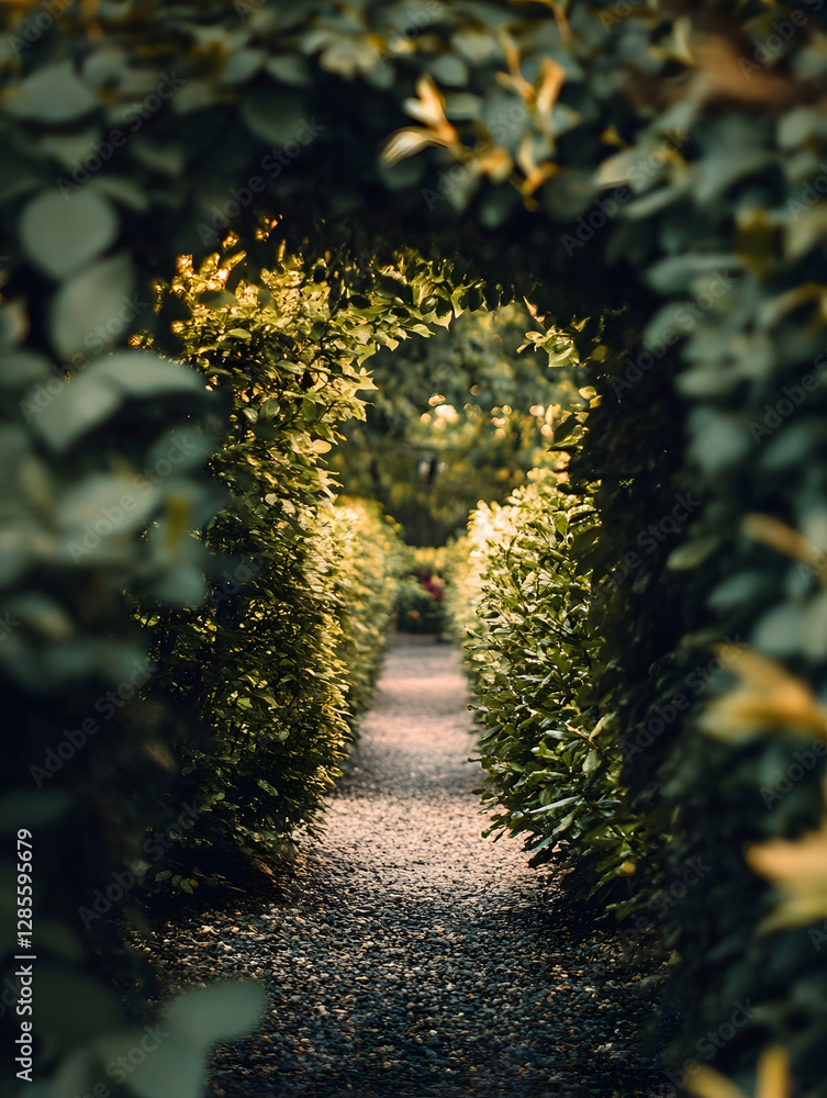 Aufkleber serene narrow pathway through lush green foliage in enchanting garden setting : generative ai