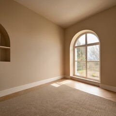 Fototapeta premium Arch window in beige living room with empty interior
