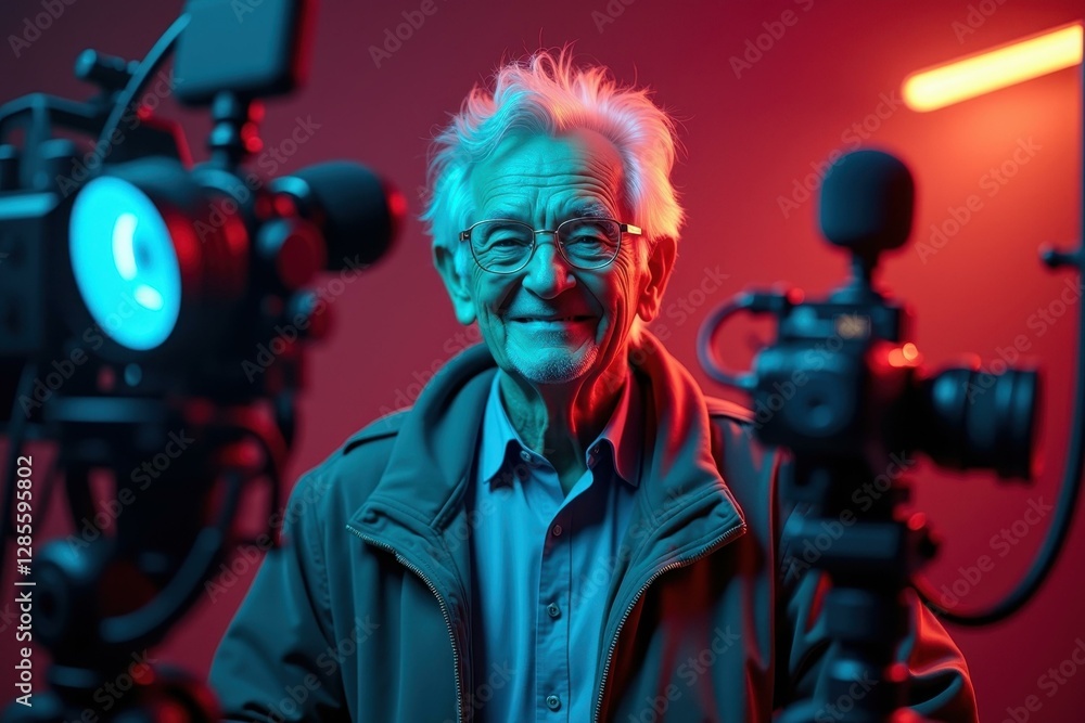 Aufkleber man is standing in front of camera and red light