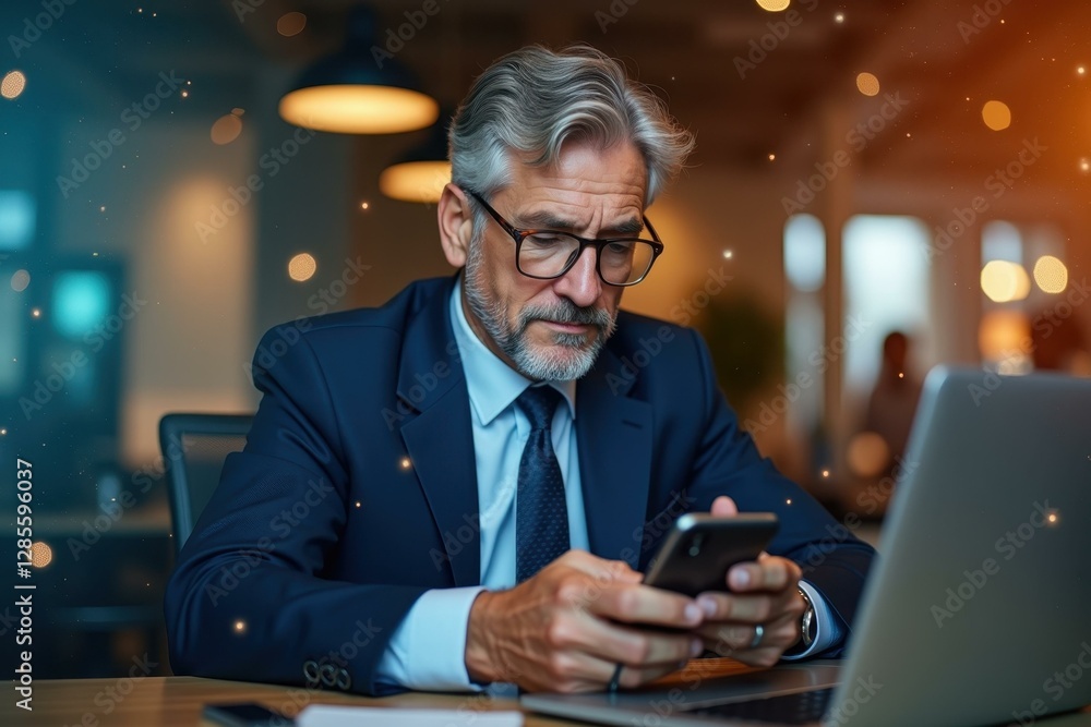 Aufkleber man is using his cell phone while sitting at table