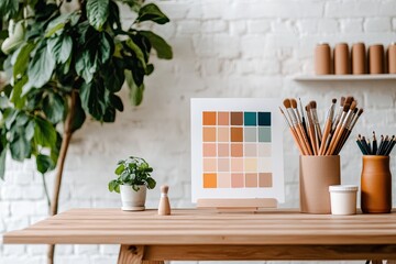 Bright color palette chart displayed on wooden table with art su