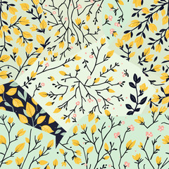The pattern features a variety of yellow flowers and leaves in shades of green, black, and pink, arranged in a symmetrical and intricate design.