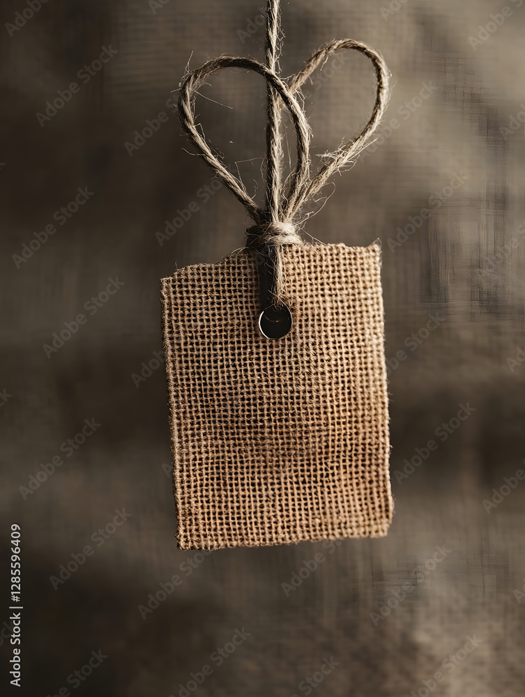 Fototapete Simple Textured Burlap Tag with Twine Bow on Rustic Background : Generative AI