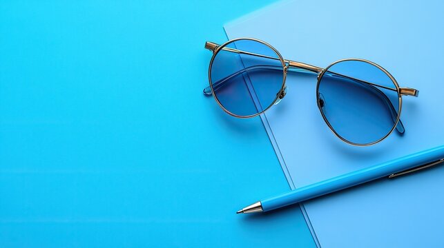 Glasses rest on an open blue reminder with a pen on a pastel blue background with blank space.