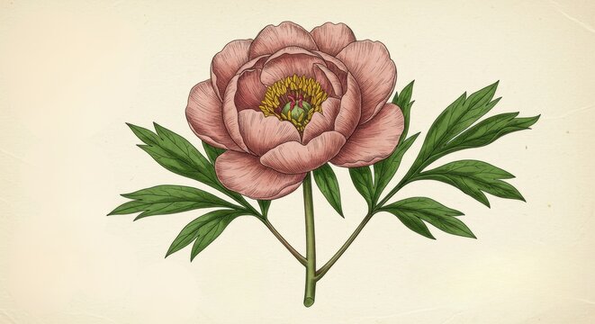 Detailed illustration of a blooming peoni flower with lush green leaves on a textured background