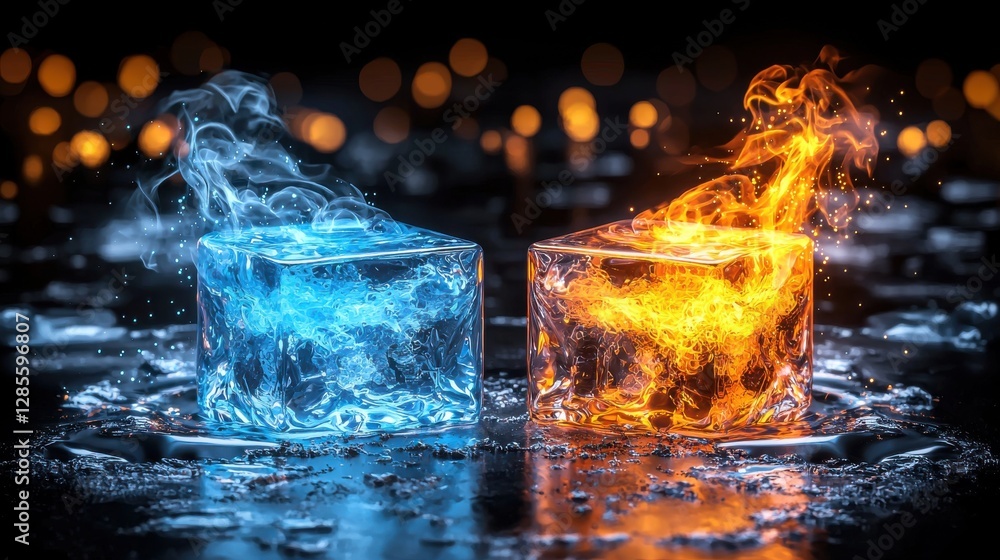 Poster striking visual representation of the contrasting elements of ice and fire in a dynamic fusion creat