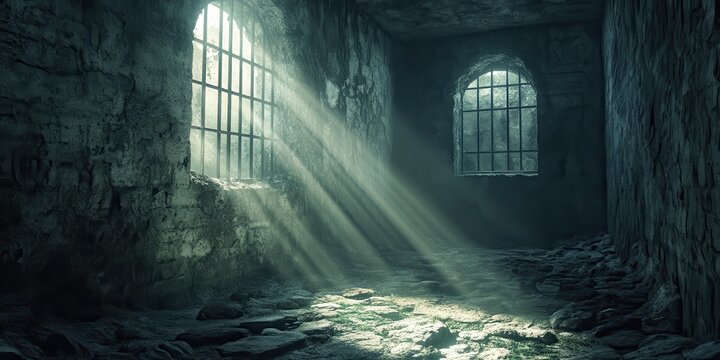 Mystical light breaks dungeon stone room digital art dark dramatic perspective haunted atmosphere