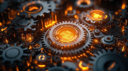 Glowing cogs and gears represent the complex machine mechanism of engineering and industry.