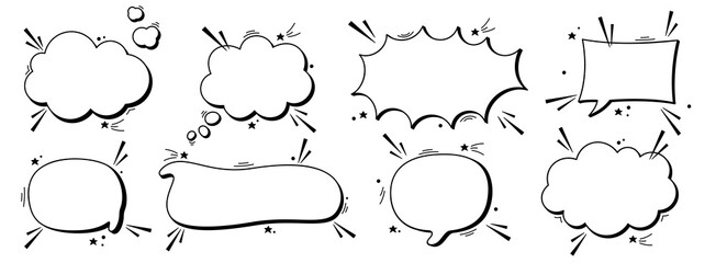 Pack of empty black and white comic speech bubbles with halftone dot elements.