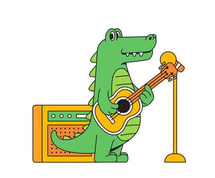 Crocodile playing guitar cartoon vector hand drawn