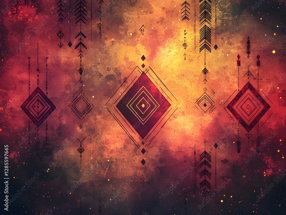 Poster glowing tribal pattern with intricate line art and overlapping geometric shapes in rich colors