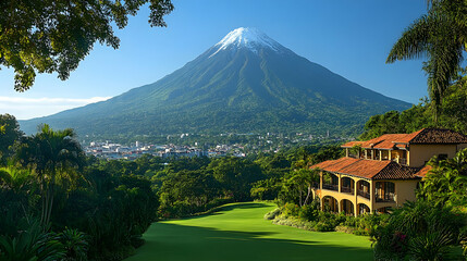 Volcano view from tropical resort