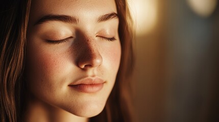 Fototapeta premium Serene woman with closed eyes, bathed in soft light, exuding calm and tranquility. 