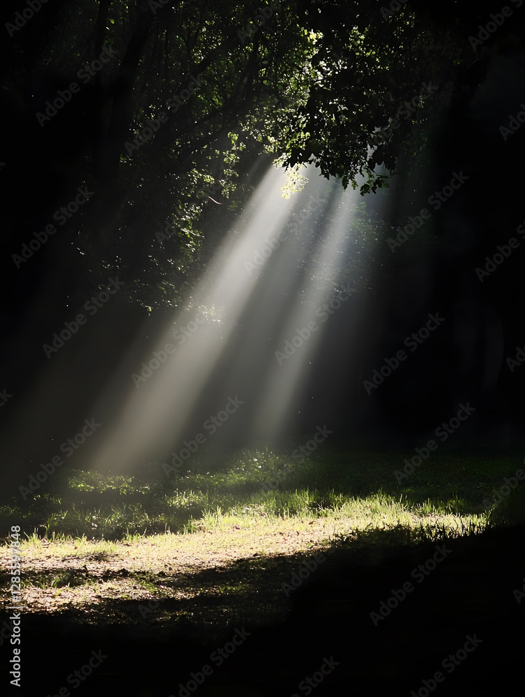 Poster sunlight rays penetrating leafy canopy in lush forest mood and tranquility : generative ai