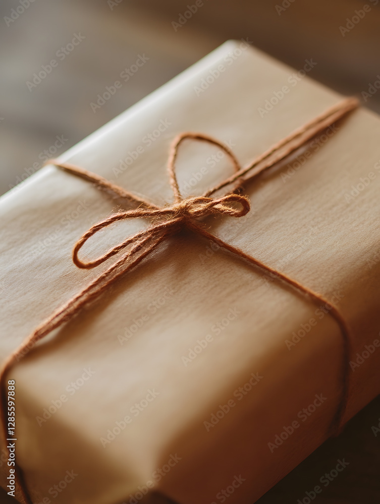Aufkleber Brown Paper Gift Box Tied with Twine String on Wooden Surface : Generative AI