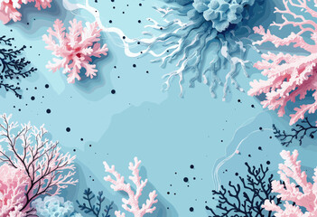 a vibrant and intricate pattern of pink and blue coral formations, with black lines and dots scattered throughout the background.
