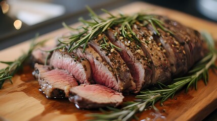 A perfectly cooked juicy steak, sliced and garnished with fresh herbs for culinary inspiration