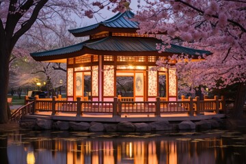 Fototapeta premium Cherry Blossom Pavilion: A pavilion surrounded by cherry blossoms is softly lit by bokeh lights, creating a serene space for reflection and appreciation of nature.