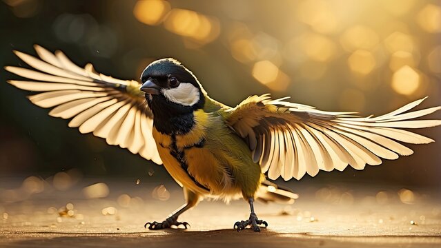 "A vibrant yellow tit soars gracefully over a field of white daisies on a sunlit summer evening, wings spread wide."