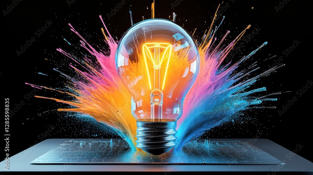 Aufkleber glowing light bulb with a vibrant explosion of colors representing the spark of innovation creativit
