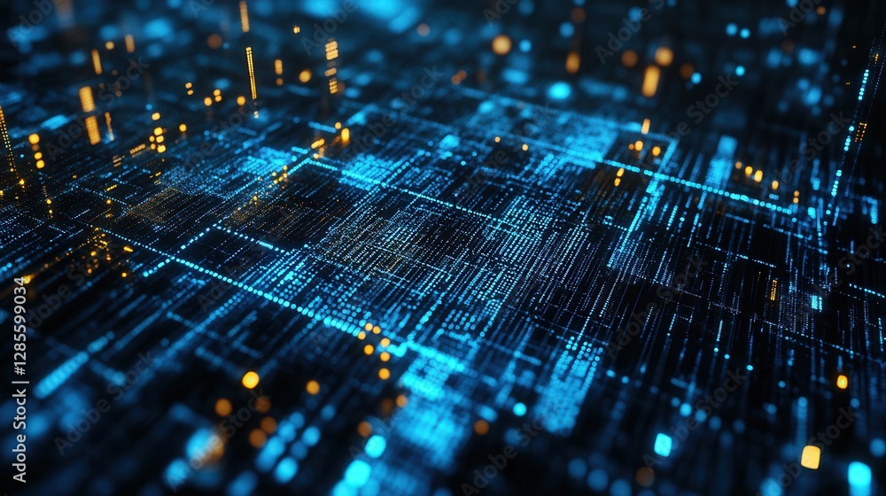 Poster abstract digital data visualization with blue and yellow lights on dark background